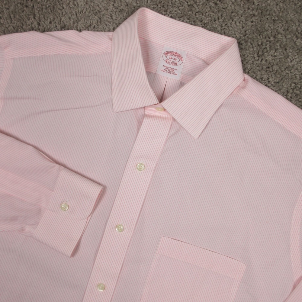 Brooks‎ Brothers Shirt Mens L 16 33 Pink Striped Traditional Dress Button Up